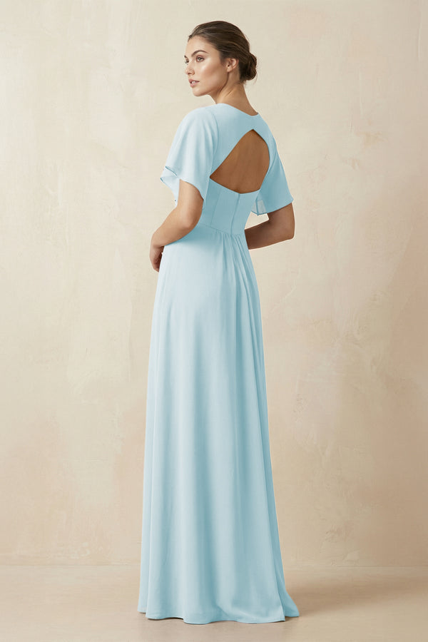 Short Sleeve V-Neck Chiffon A-Line Bridesmaid Dress in Sky Blue - KissProm BRIDESMAID DRESSES