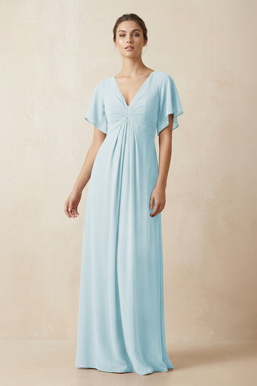 Short Sleeve V-Neck Chiffon A-Line Bridesmaid Dress in Sky Blue - KissProm BRIDESMAID DRESSES