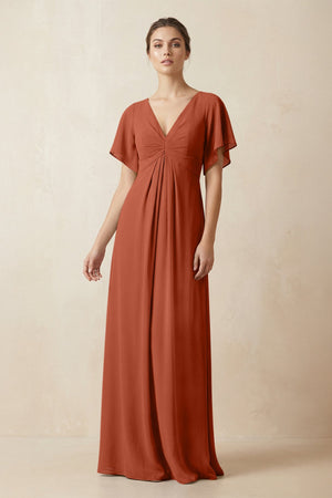 Short Sleeve V-Neck Chiffon A-Line Bridesmaid Dress in Spice - KissProm BRIDESMAID DRESSES