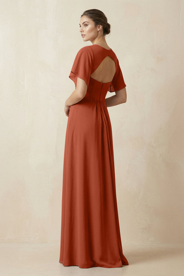 Short Sleeve V-Neck Chiffon A-Line Bridesmaid Dress in Spice - KissProm BRIDESMAID DRESSES