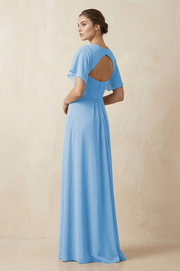 Short Sleeve V-Neck Chiffon A-Line Bridesmaid Dress in Steel Blue - KissProm BRIDESMAID DRESSES