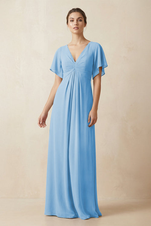 Short Sleeve V-Neck Chiffon A-Line Bridesmaid Dress in Steel Blue - KissProm BRIDESMAID DRESSES