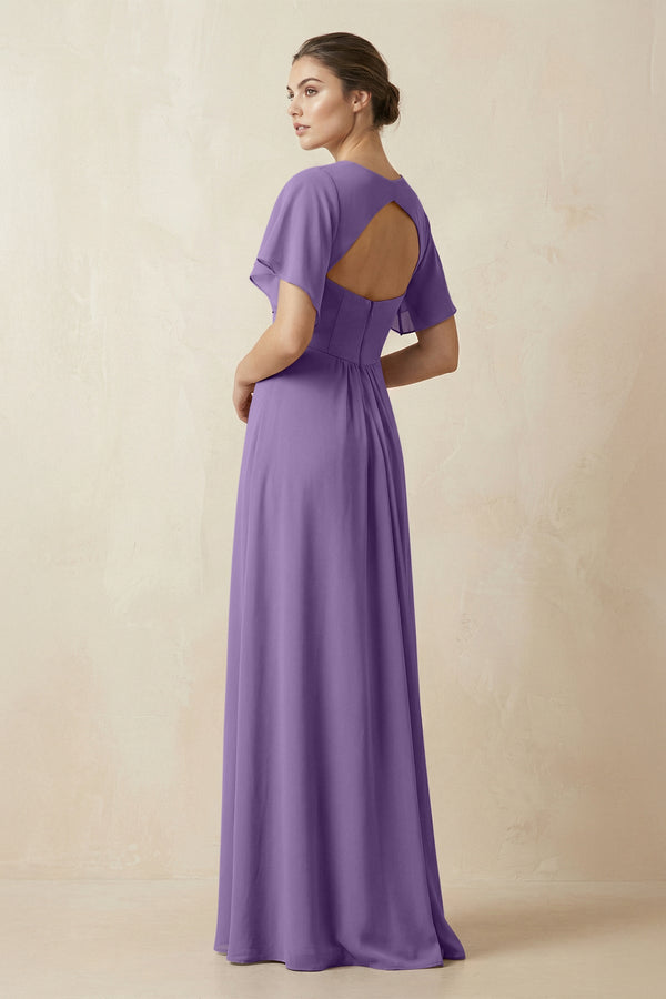 Short Sleeve V-Neck Chiffon A-Line Bridesmaid Dress in Tahiti - KissProm BRIDESMAID DRESSES