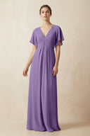 Short Sleeve V-Neck Chiffon A-Line Bridesmaid Dress in Tahiti - KissProm BRIDESMAID DRESSES