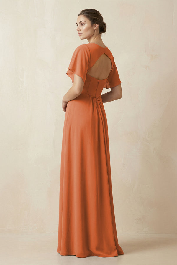 Short Sleeve V-Neck Chiffon A-Line Bridesmaid Dress in Terracotta - KissProm BRIDESMAID DRESSES