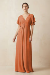 Short Sleeve V-Neck Chiffon A-Line Bridesmaid Dress in Terracotta - KissProm BRIDESMAID DRESSES