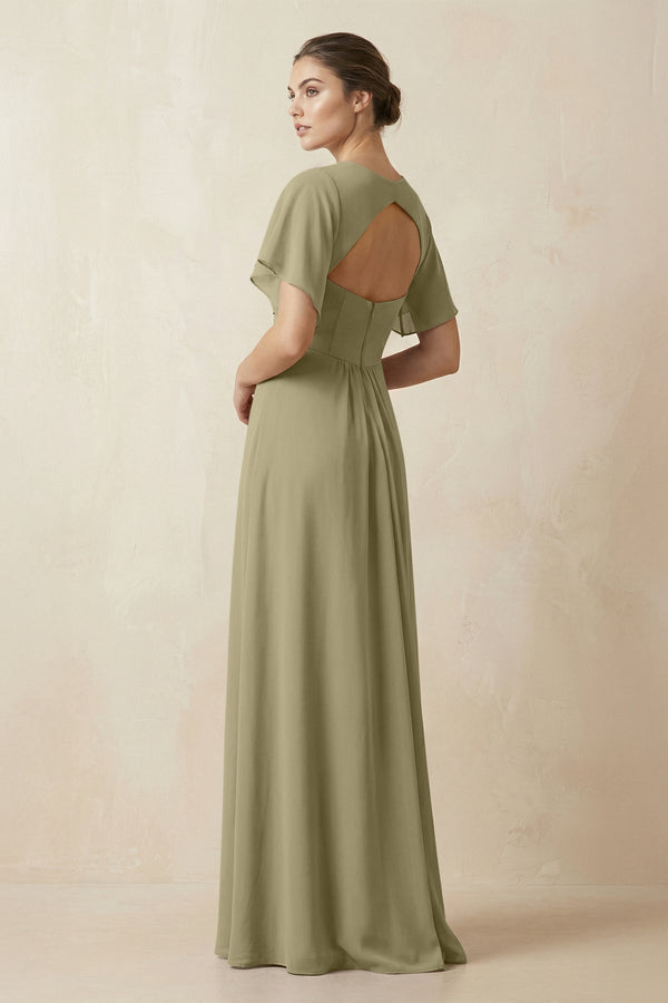Short Sleeve V-Neck Chiffon A-Line Bridesmaid Dress in Thyme - KissProm BRIDESMAID DRESSES