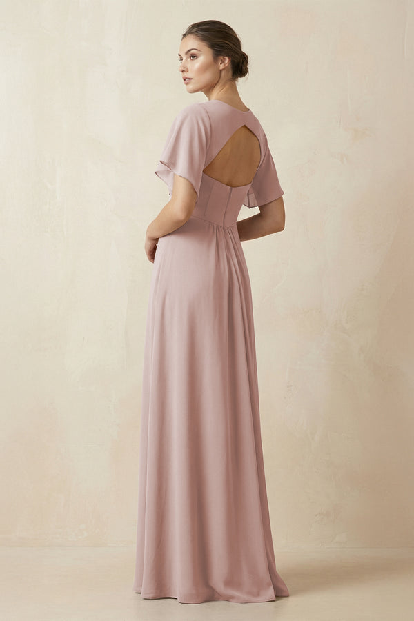Short Sleeve V-Neck Chiffon A-Line Bridesmaid Dress in Toffee - KissProm BRIDESMAID DRESSES