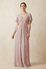 Short Sleeve V-Neck Chiffon A-Line Bridesmaid Dress in Toffee - KissProm BRIDESMAID DRESSES