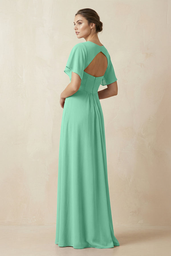 Short Sleeve V-Neck Chiffon A-Line Bridesmaid Dress in Turquoise - KissProm BRIDESMAID DRESSES