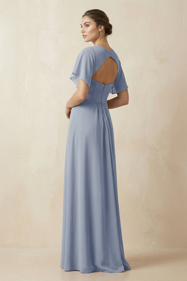 Short Sleeve V-Neck Chiffon A-Line Bridesmaid Dress in Twilight - KissProm BRIDESMAID DRESSES