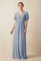 Short Sleeve V-Neck Chiffon A-Line Bridesmaid Dress in Twilight - KissProm BRIDESMAID DRESSES