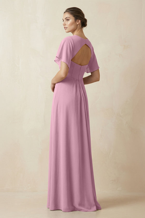 Short Sleeve V-Neck Chiffon A-Line Bridesmaid Dress in Vintage Mauve - KissProm BRIDESMAID DRESSES