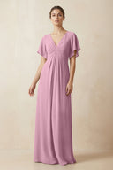Short Sleeve V-Neck Chiffon A-Line Bridesmaid Dress in Vintage Mauve - KissProm BRIDESMAID DRESSES