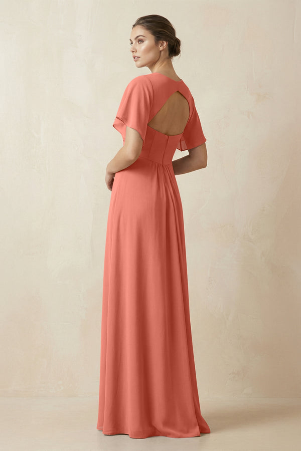 Short Sleeve V-Neck Chiffon A-Line Bridesmaid Dress in Wild Rose - KissProm BRIDESMAID DRESSES