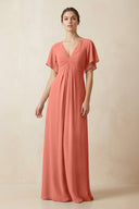 Short Sleeve V-Neck Chiffon A-Line Bridesmaid Dress in Wild Rose - KissProm BRIDESMAID DRESSES