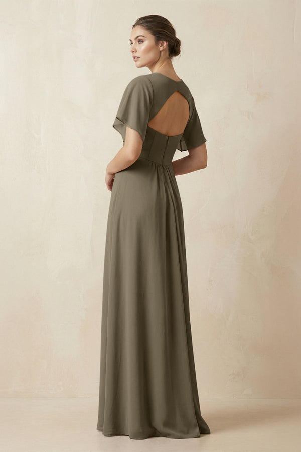Short Sleeve V-Neck Chiffon A-Line Bridesmaid Dress in Willow Green - KissProm BRIDESMAID DRESSES