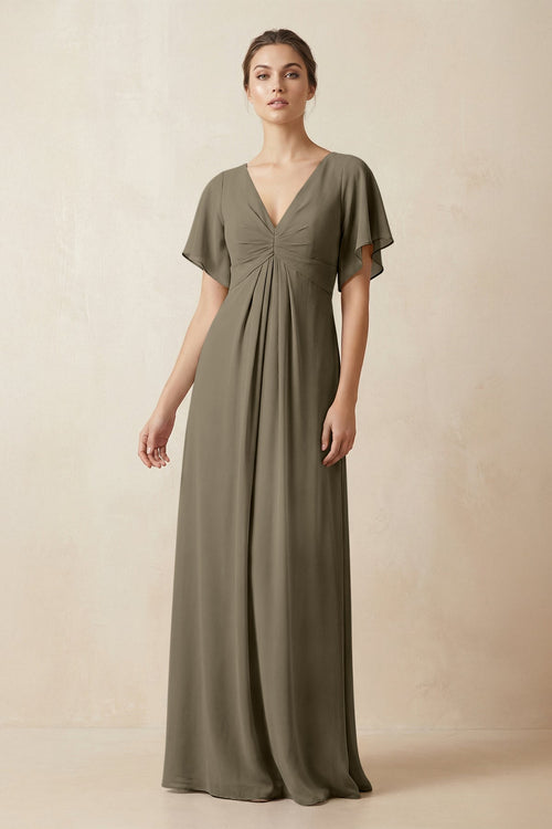 Short Sleeve V-Neck Chiffon A-Line Bridesmaid Dress in Willow Green - KissProm BRIDESMAID DRESSES