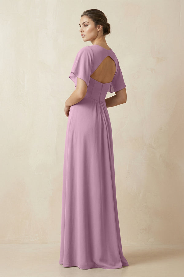 Short Sleeve V-Neck Chiffon A-Line Bridesmaid Dress in Wisteria - KissProm BRIDESMAID DRESSES