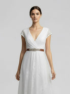 Short Sleeve V - neck Pleated Long Lace Wedding Dress - KissProm