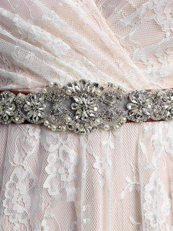 Short Sleeve V - neck Pleated Long Lace Wedding Dress - KissProm