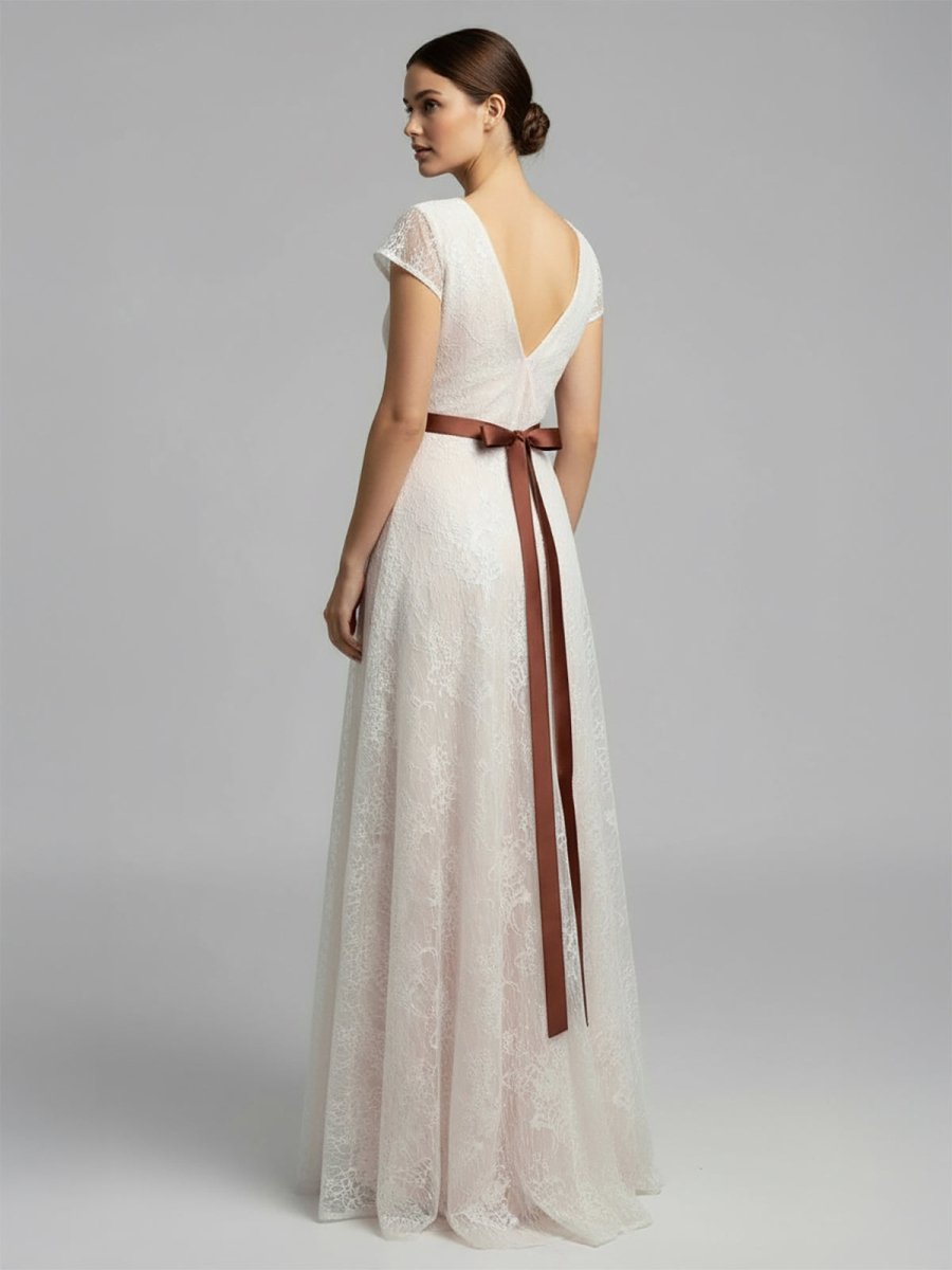 Short Sleeve V - neck Pleated Long Lace Wedding Dress - KissProm