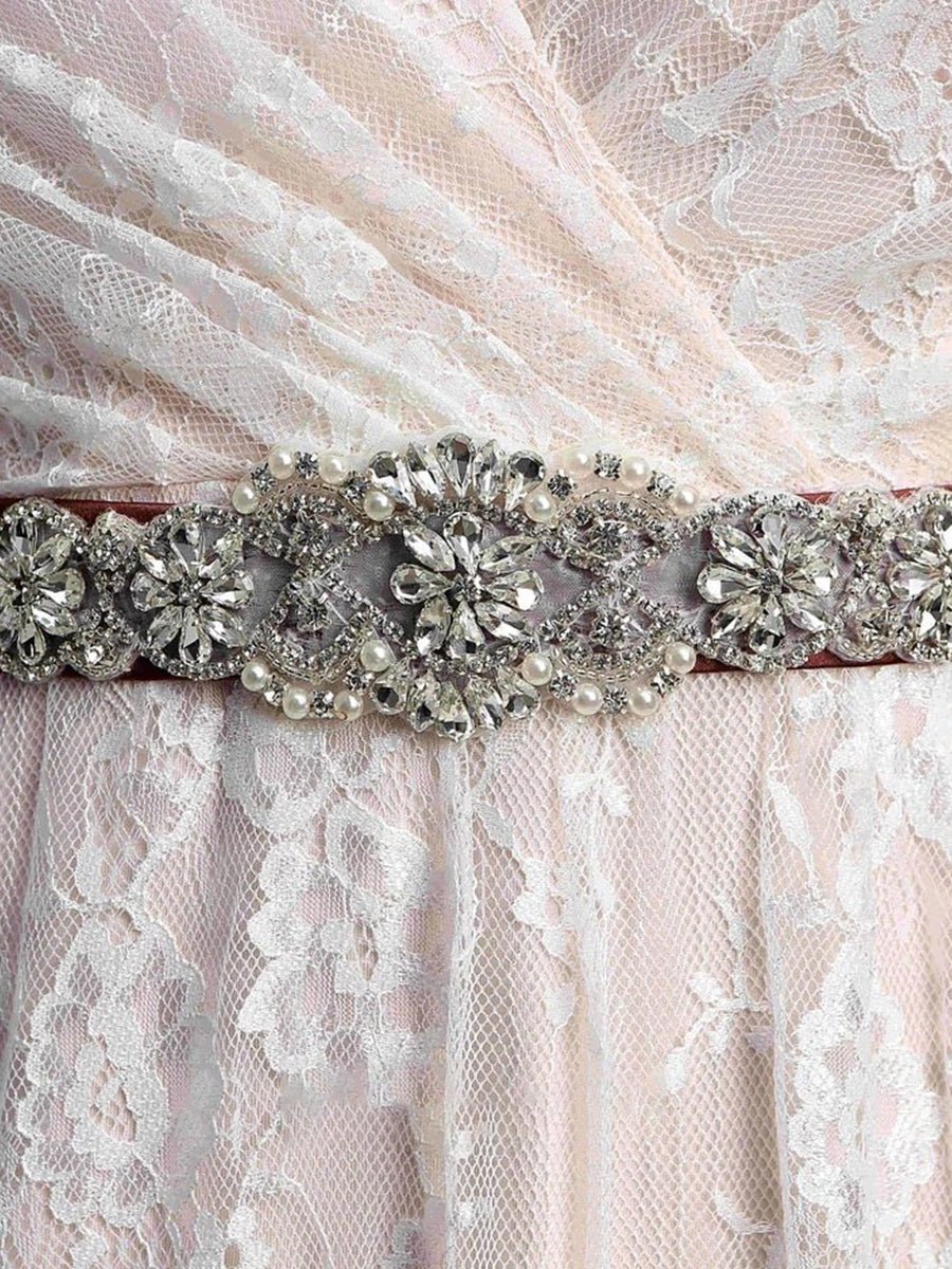 Short Sleeve V - neck Pleated Long Lace Wedding Dress - KissProm