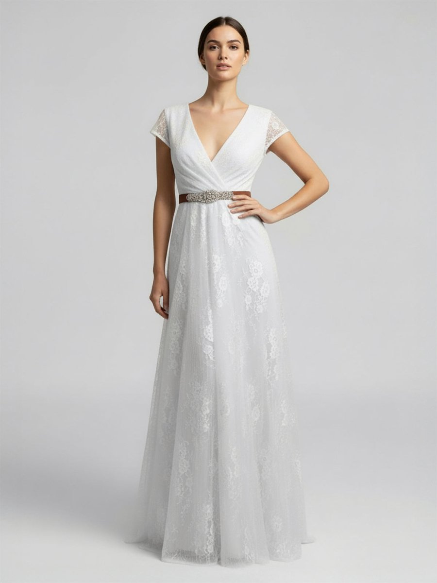 Short Sleeve V - neck Pleated Long Lace Wedding Dress - KissProm