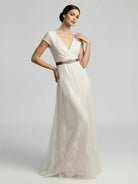 Short Sleeve V - neck Pleated Long Lace Wedding Dress - KissProm