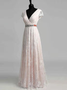 Short Sleeve V - neck Pleated Long Lace Wedding Dress - KissProm