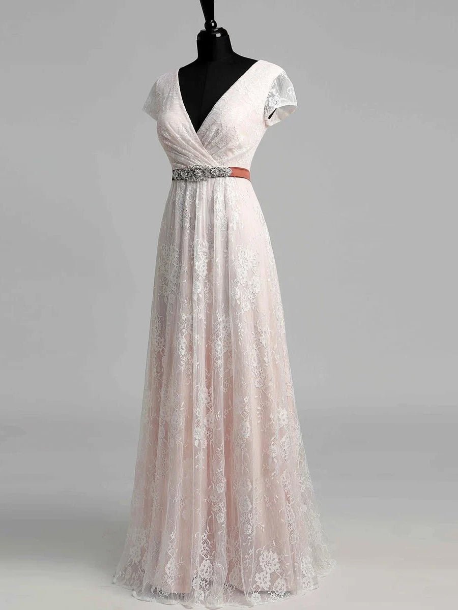 Short Sleeve V - neck Pleated Long Lace Wedding Dress - KissProm