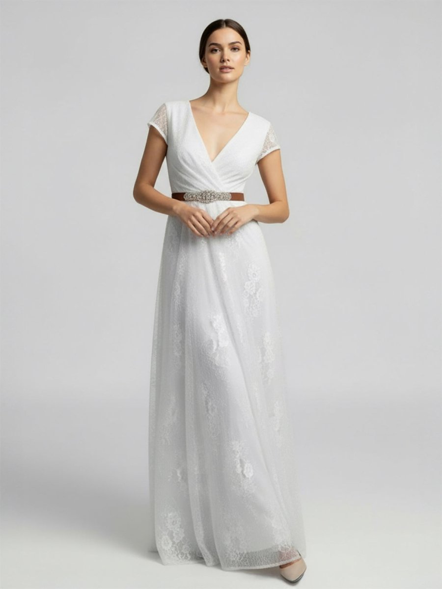 Short Sleeve V - neck Pleated Long Lace Wedding Dress - KissProm