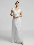 Short Sleeve V - neck Pleated Long Lace Wedding Dress - KissProm