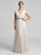 Short Sleeve V - neck Pleated Long Lace Wedding Dress - KissProm
