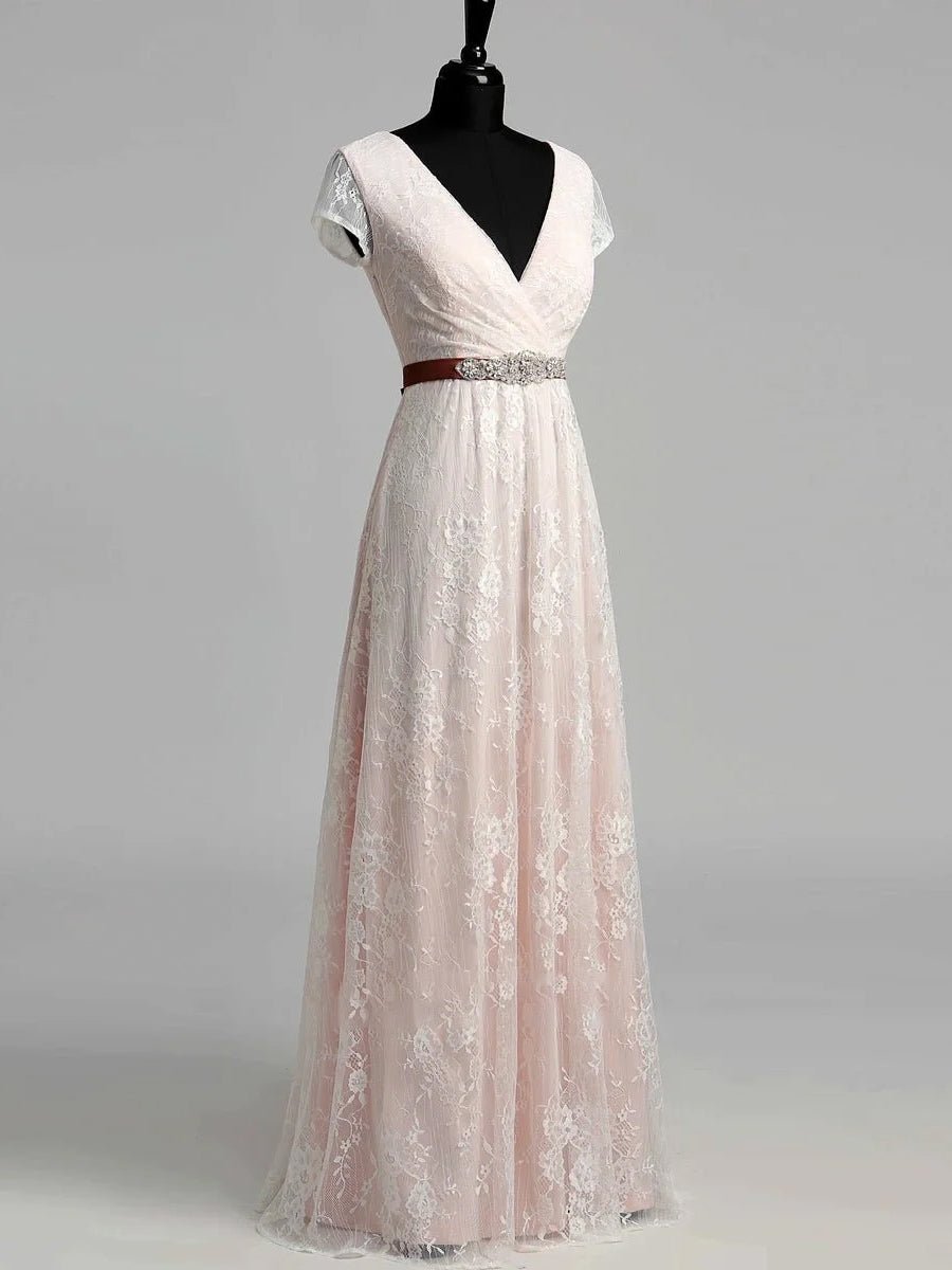 Short Sleeve V - neck Pleated Long Lace Wedding Dress - KissProm