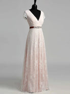 Short Sleeve V - neck Pleated Long Lace Wedding Dress - KissProm