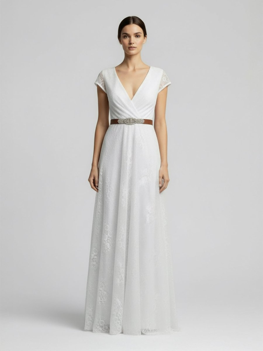 Short Sleeve V - neck Pleated Long Lace Wedding Dress - KissProm