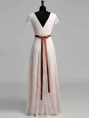 Short Sleeve V - neck Pleated Long Lace Wedding Dress - KissProm