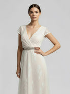 Short Sleeve V - neck Pleated Long Lace Wedding Dress - KissProm