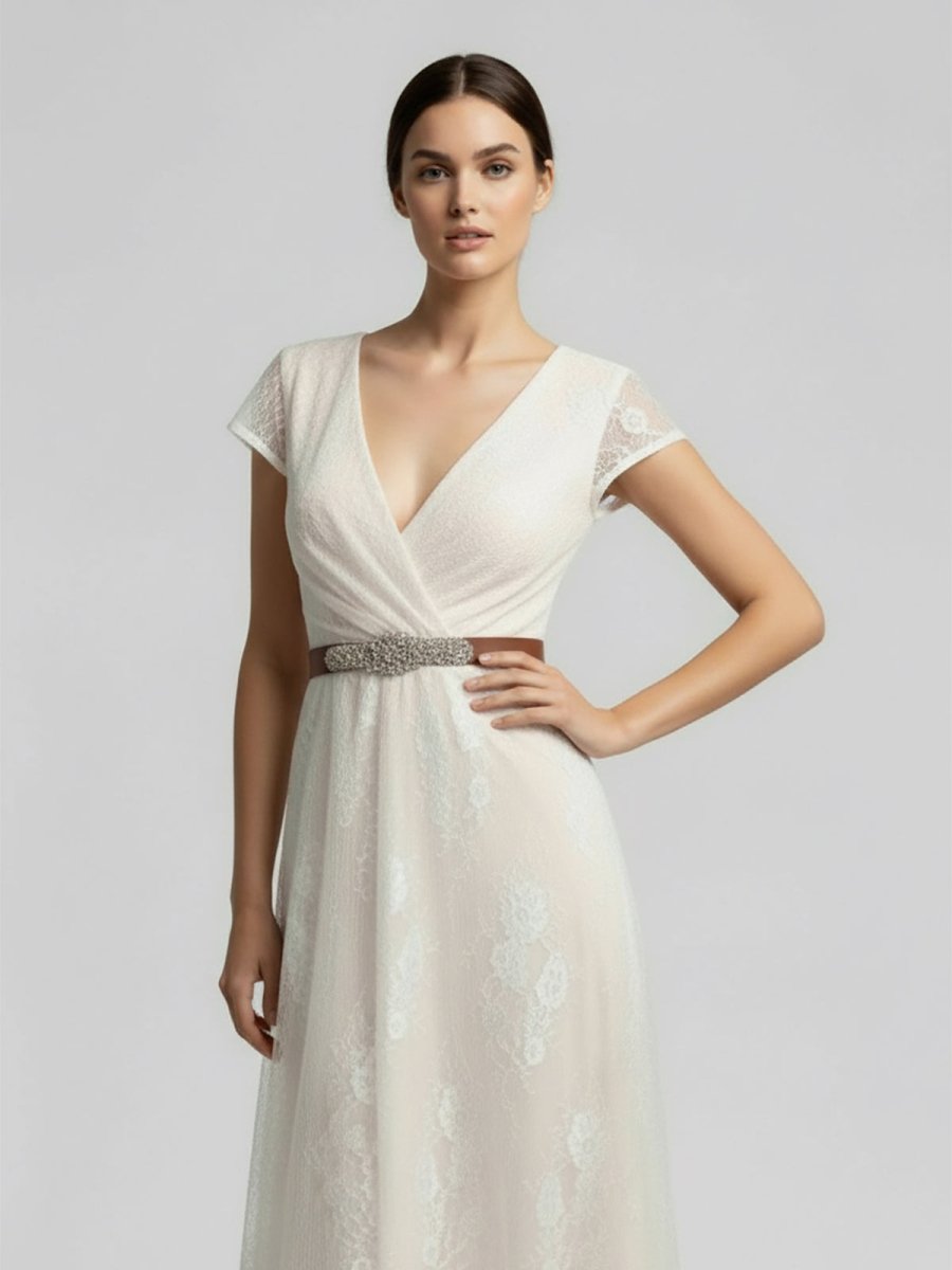 Short Sleeve V - neck Pleated Long Lace Wedding Dress - KissProm