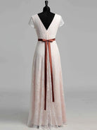 Short Sleeve V - neck Pleated Long Lace Wedding Dress - KissProm