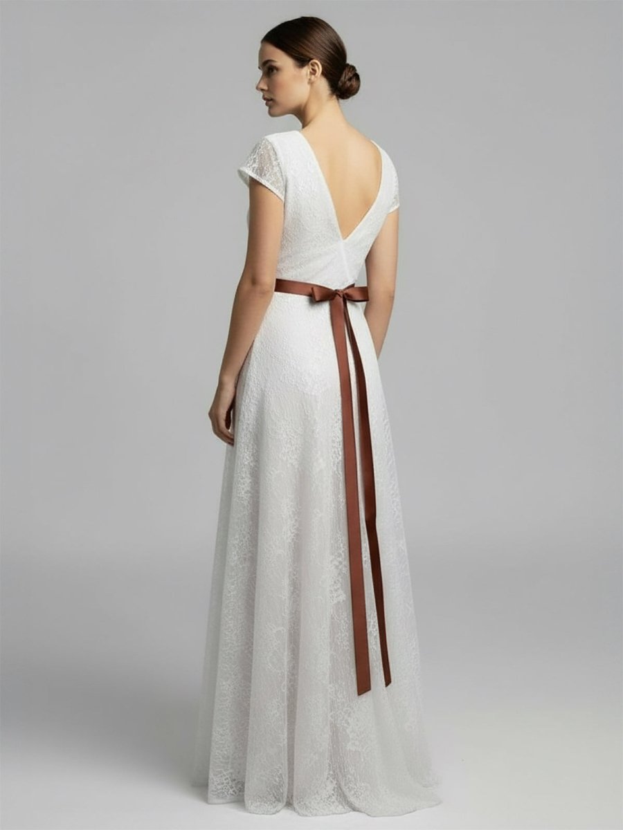 Short Sleeve V - neck Pleated Long Lace Wedding Dress - KissProm