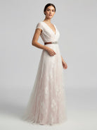 Short Sleeve V - neck Pleated Long Lace Wedding Dress - KissProm