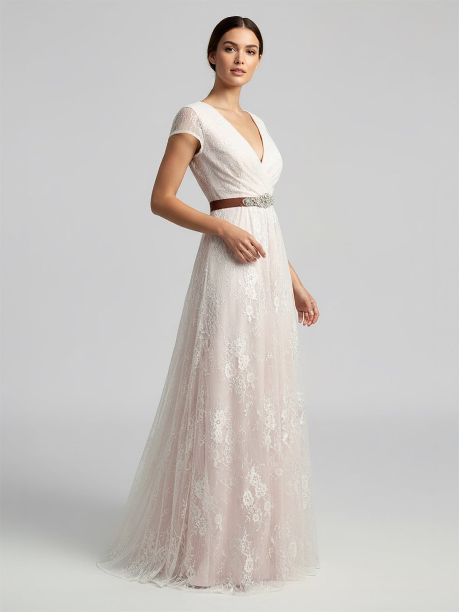 Short Sleeve V - neck Pleated Long Lace Wedding Dress - KissProm