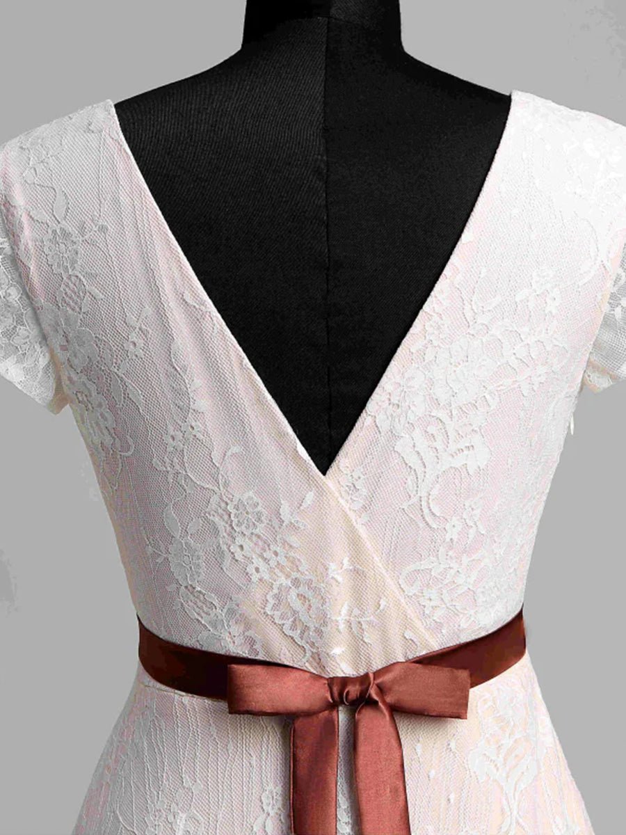 Short Sleeve V - neck Pleated Long Lace Wedding Dress - KissProm