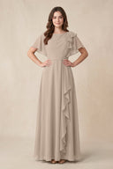 Short Sleeves Bateau A - Line Chiffon Bridesmaid Dress in Almond - KissProm Bridesmaid Dresses