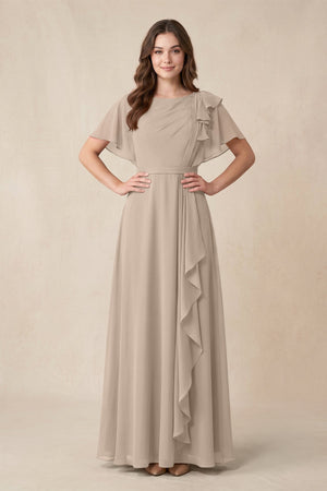 Short Sleeves Bateau A - Line Chiffon Bridesmaid Dress in Almond - KissProm Bridesmaid Dresses