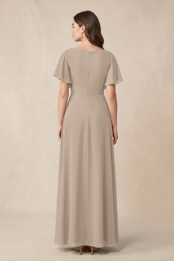 Short Sleeves Bateau A - Line Chiffon Bridesmaid Dress in Almond - KissProm Bridesmaid Dresses