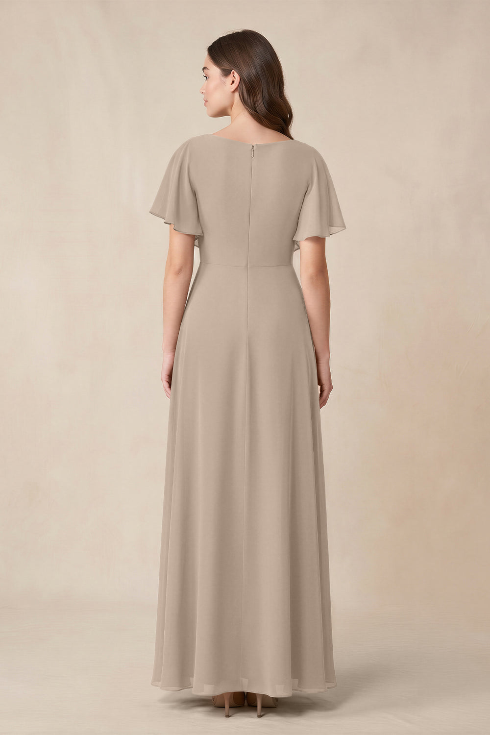 Short Sleeves Bateau A - Line Chiffon Bridesmaid Dress in Almond - KissProm Bridesmaid Dresses