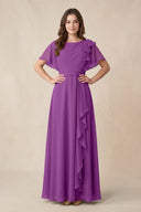 Short Sleeves Bateau A - Line Chiffon Bridesmaid Dress in Amethyst - KissProm Bridesmaid Dresses